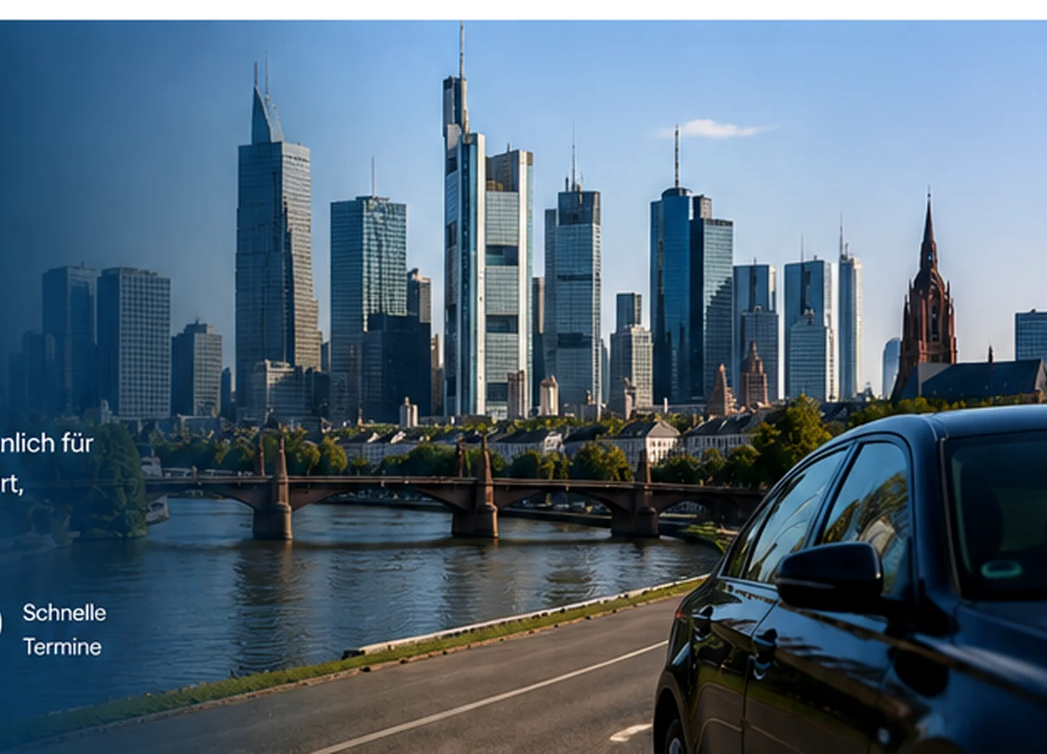 Frankfurter Skyline am Main mit dunkler Premiumlimousine als Symbolbild für die mobile Schadenbegutachtung