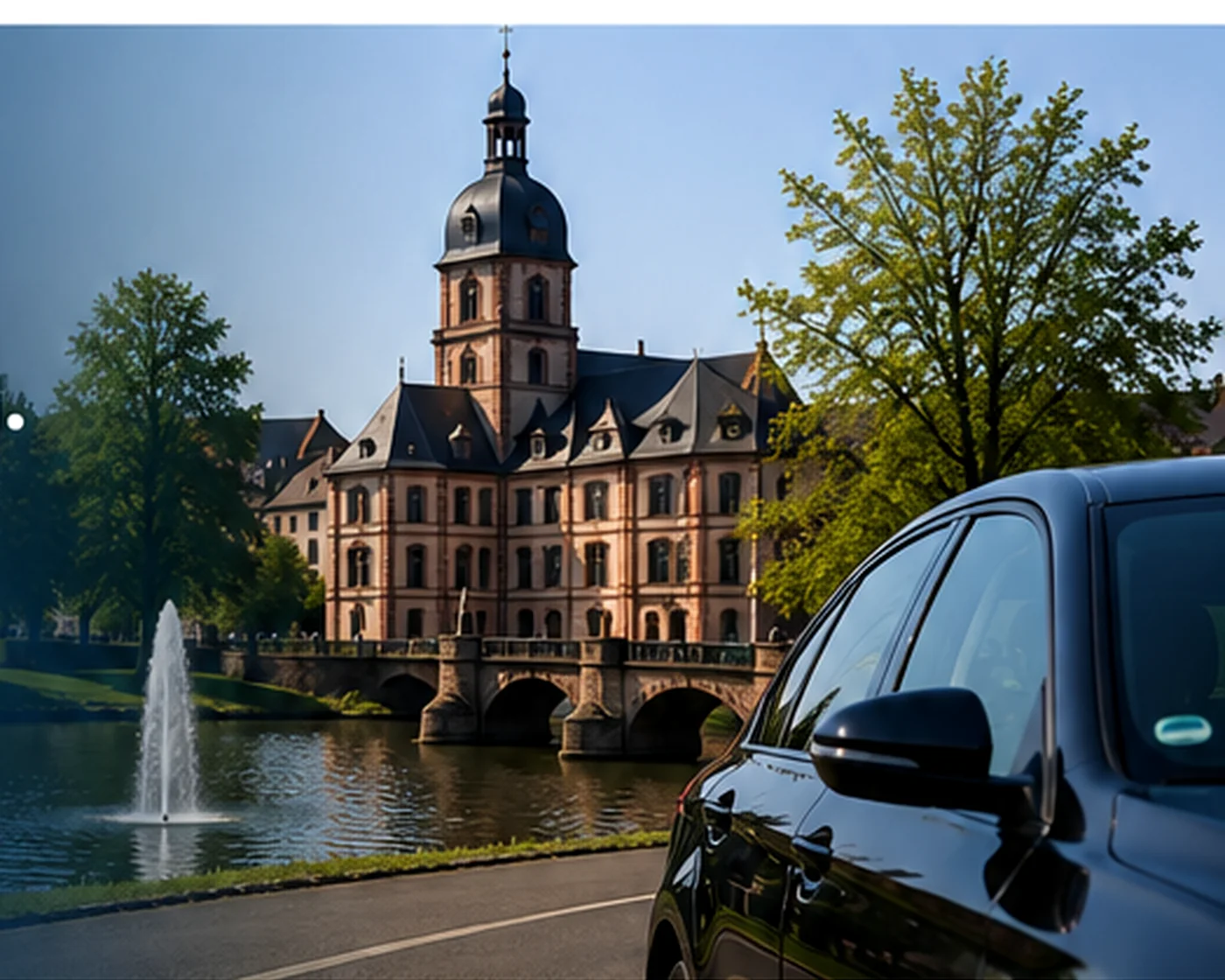 Hanauer Stadtansicht mit historischer Architektur und dunkler Premiumlimousine als Symbolbild für die mobile Schadenbegutachtung