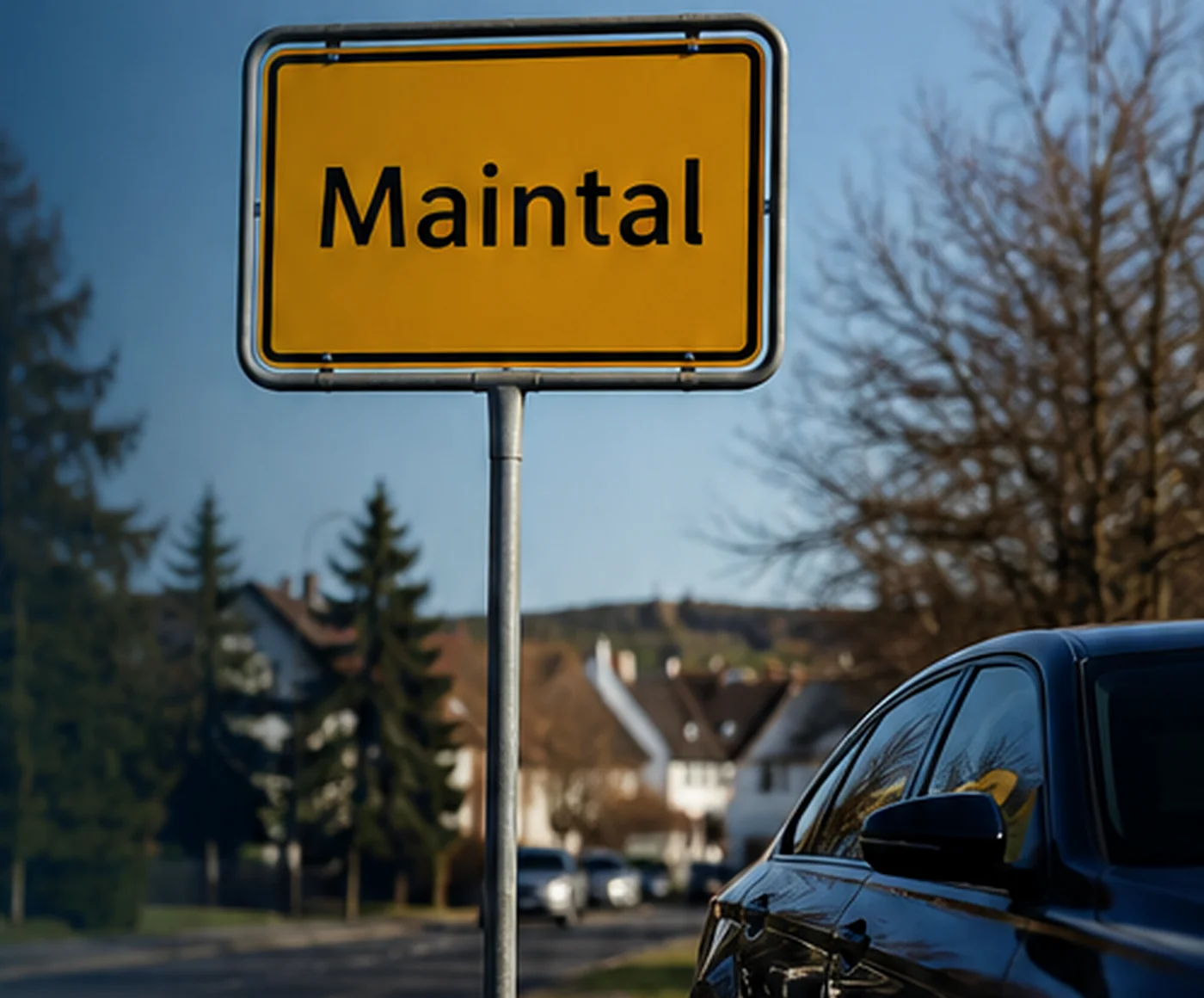 Ortseingangsschild Maintal neben einer dunklen Premiumlimousine als Symbolbild für die mobile Schadenbegutachtung