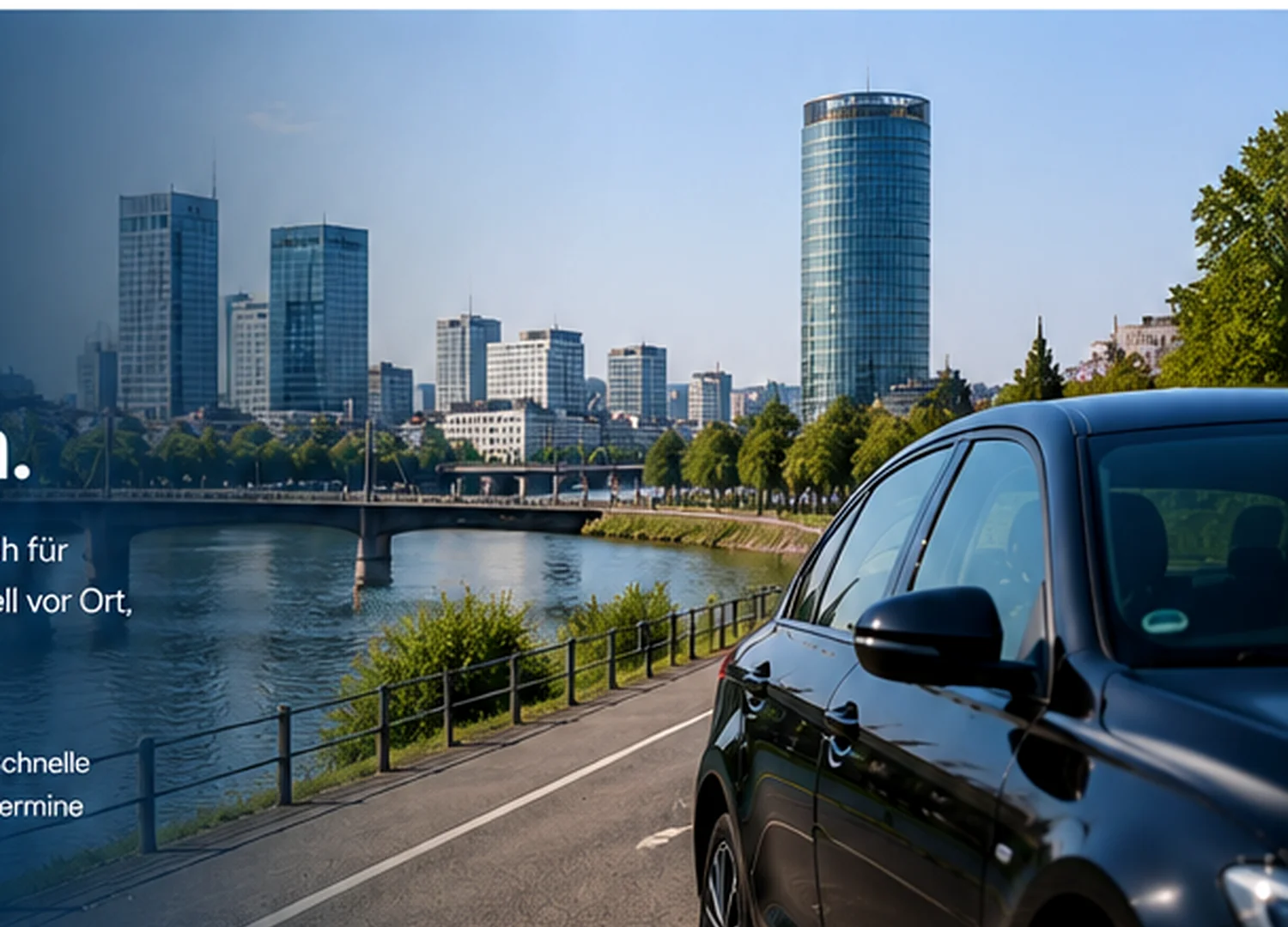 Offenbacher Mainufer mit Stadtsilhouette und dunkler Premiumlimousine als Symbolbild für die mobile Schadenbegutachtung