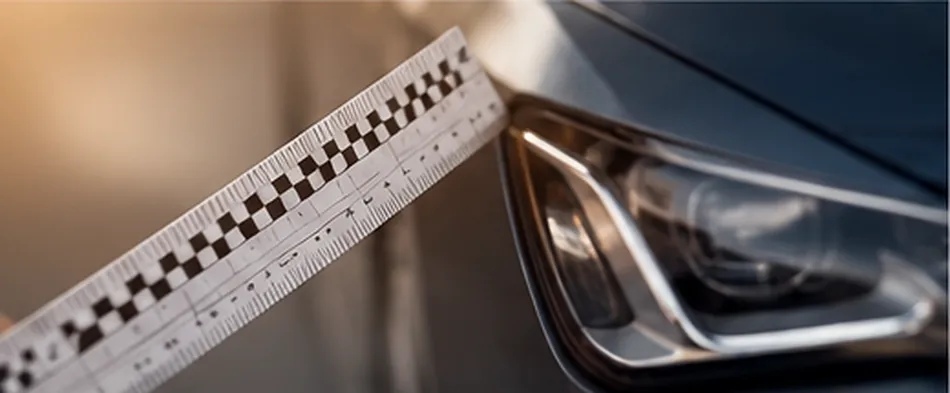 Messlineal an einem Fahrzeugscheinwerfer als Symbol für präzise Schadenbewertung
