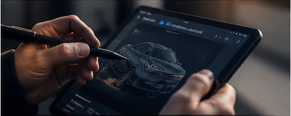 Digitale Fahrzeugdarstellung auf einem Tablet während der Gutachtenausarbeitung