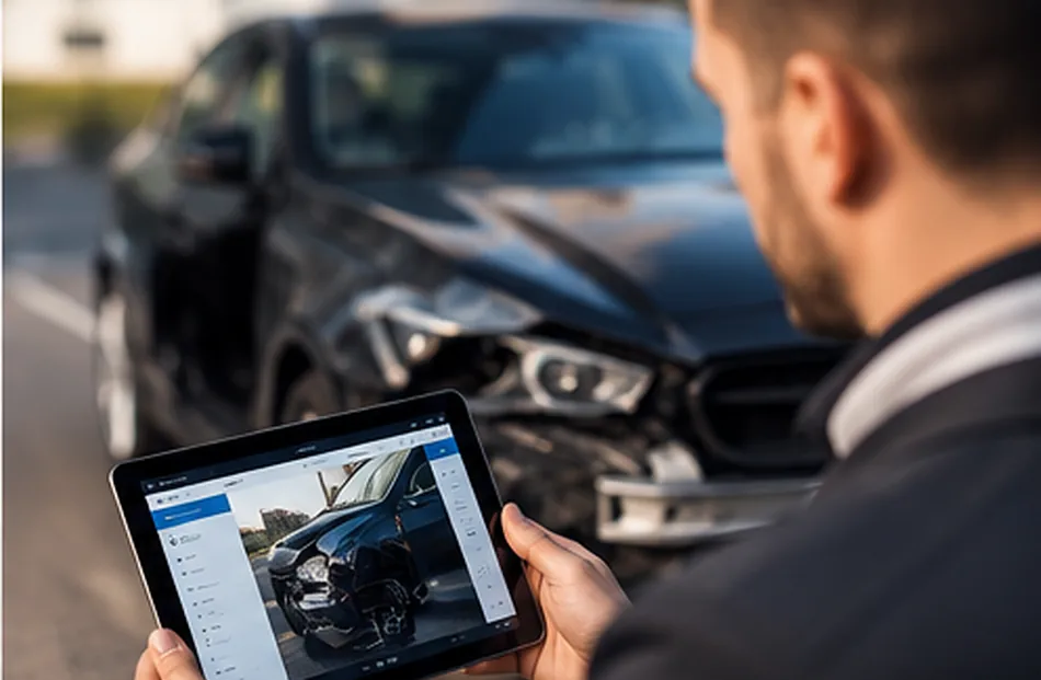 Kfz-Sachverständiger dokumentiert einen Frontschaden mit einem Tablet
