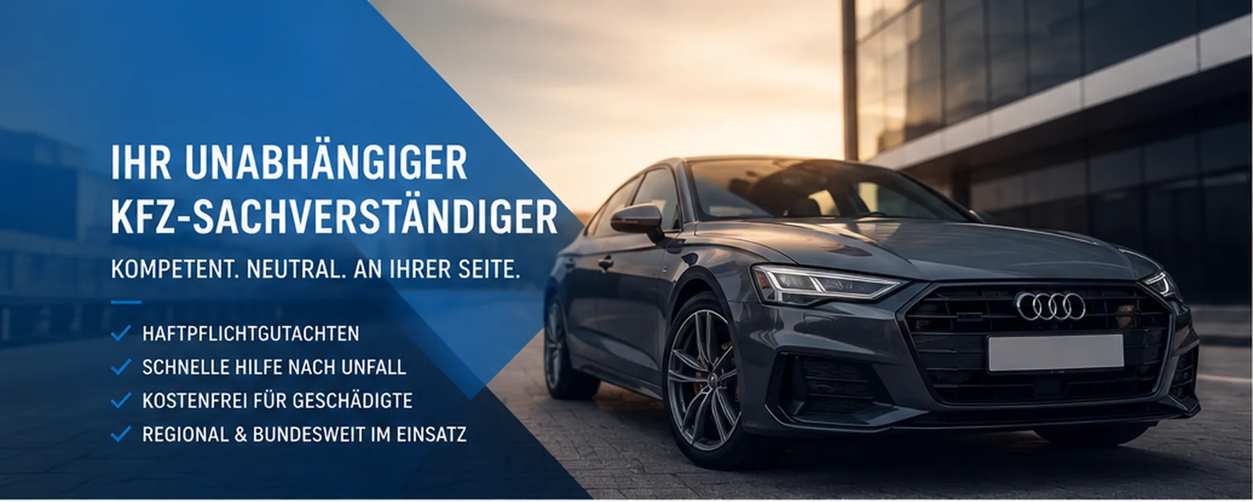 Graue Limousine vor moderner Architektur als Symbolbild für unabhängige Kfz-Begutachtung