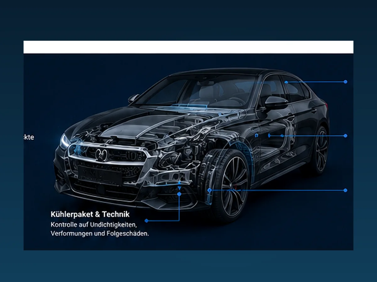 Technische Darstellung eines Premiumfahrzeugs mit sichtbar gemachten Karosserie-, Sensor- und Strukturbauteilen